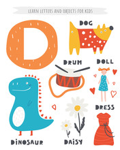 D Letter Objects And Animals Including Dinosaur, Drum, Dog, Doll, Dress, Daisy. Learn English Alphabet, Letters, Words