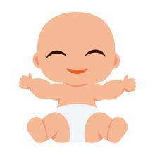 Cute Smiling Little Child, Sitting In Diapers. Baby, Infant, Child, Babe, Kid. Vector Illustration