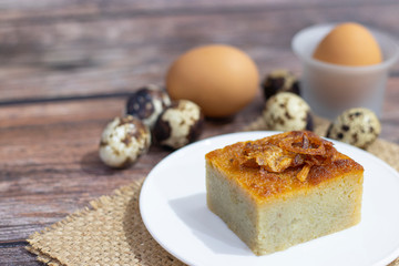 Mung Bean Thai Custard Dessert Recipe (Khanom Maw Kaeng) on wooden background