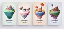 Low Polygonal Geometric Nature Islands. Vector Illustration, Low Poly Style. Background Design For Banner, Poster, Flyer, Cover, Brochure.