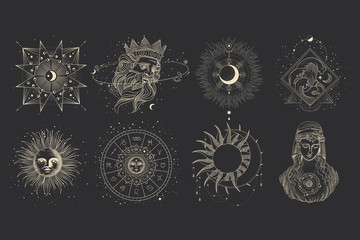 vector illustration set of moon phases. different stages of moonlight activity in vintage engraving 