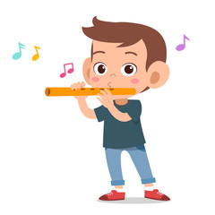 Sticker - happy kid play flute music vector