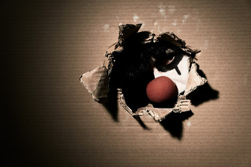 A creepy scary vampire clown with a red nose looks through a torn cardboard. Halloween theme with blank space on the left.