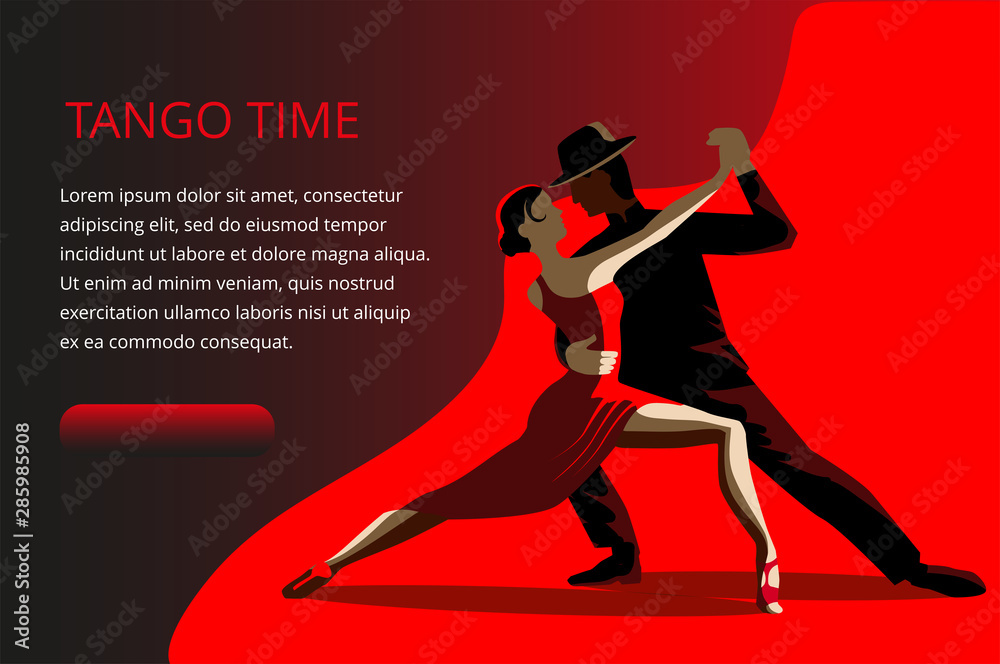 Beautiful couple dancing tango. A woman in a red dress and a man in a black suit and hat. Banner or invitation card template. - obrazy, fototapety, plakaty 