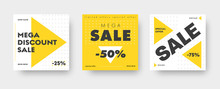 Square White And Yellow Web Banner Templates For Big Sale With Triangles And Discounts.