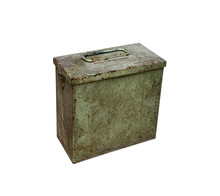 Old Metal Military Box Isolate On A White Background. Green Rusty Drawer With Handle And Lock.