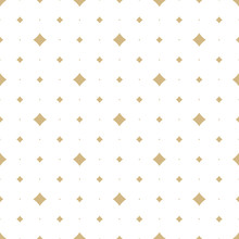 Golden Vector Seamless Pattern With Small Diamond Shapes, Stars, Rhombuses, Dots. Abstract Gold And White Geometric Texture. Simple Minimal Repeat Background. Subtle Luxury Design For Decor, Wallpaper