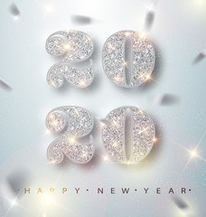 Wall Mural - happy new year 2020 greeting card with silver numbers and confetti frame on white background. vector