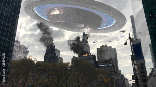 Fotografía Alien Spaceship Invasion Over Destroyed New York Illustration