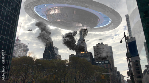 Fotografía Alien Spaceship Invasion Over Destroyed New York Illustration