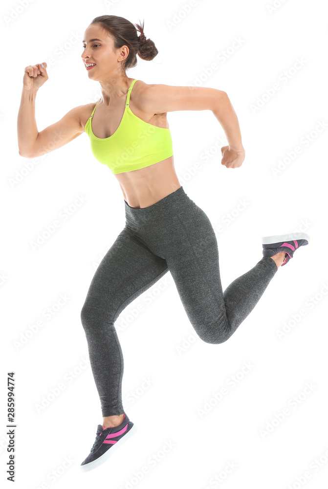 Running sporty woman on white background