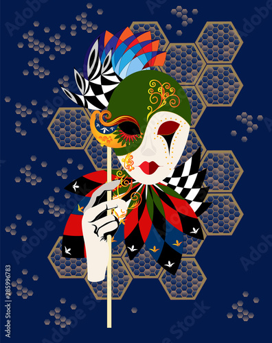 Fotografía vector image of a girl in a Venetian image on the background of geometric textur