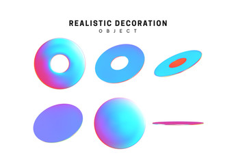 Poster - Set Realistic geometric shapes flat round elements with hole, with holographic color gradient. Hologram decorative design elements isolated white background. 3d objects shaped blue color. vector
