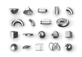 Poster - set of 3d silver geometric shapes objects. realistic geometry elements isolated on white background,