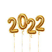 Happy New Year 2022. Background Realistic Golden Balloons. Decorative Design Elements. Object Render 3d Ballon With Ribbon. Celebrate Party Poster, Banner, Greeting Card. Festive Vector Illustration.