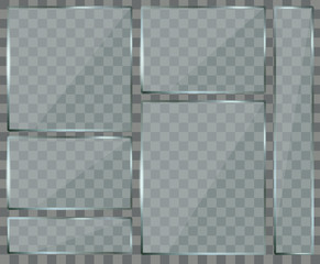 Wall Mural - Glass plate set on transparent background. Plastic banner panel on checkered backdrop. Realistic glossy Mock-up. Vector