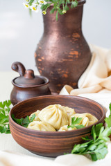 Poster - Homemade Pozi o manti o Buzi o Buuza - is a type of dumpling traditional for Caucasus, Central Asia. Consist off a spiced ground beef in a dough wrapped. Steamed.