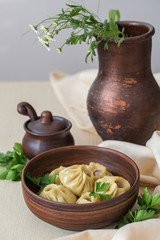 Canvas Print - Homemade Pozi o manti o Buzi o Buuza - is a type of dumpling traditional for Caucasus, Central Asia. Consist off a spiced ground beef in a dough wrapped. Steamed.