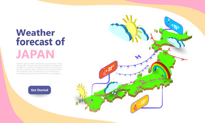 Wall Mural - weather forecast map of japan. isometric set icons location on country. vector widgets layout of a m