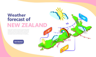 Wall Mural - weather forecast map of new zealand. isometric set icons location on country. vector widgets layout 