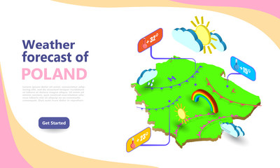 Wall Mural - weather forecast map of poland. isometric set icons location on country. vector widgets layout of a 
