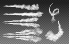 Airplane Condensation Trails. Plane Smoke Rocket Stream Effect Airplane Jet Cloud Flight Speed Burst. Sky Contrail Rocket Condensation Trailing Isolated Vector Illustration