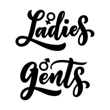 Ladies And Gents, Men And Women Toilet Signs - Hand Lettering Patches, Icons. Vector