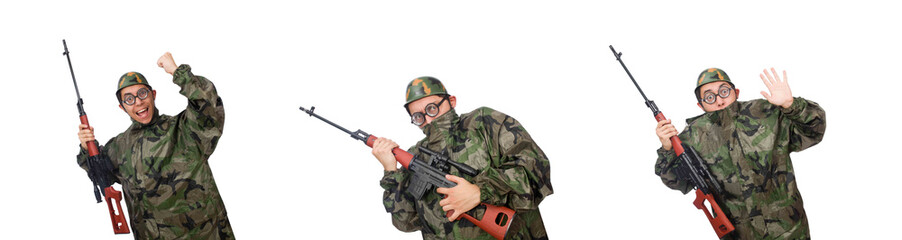 Wall Mural - Military man with a gun isolated on white