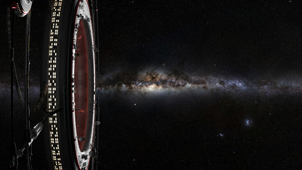Canvas Print - space station, futuristic habitat in front of the milky way galaxy