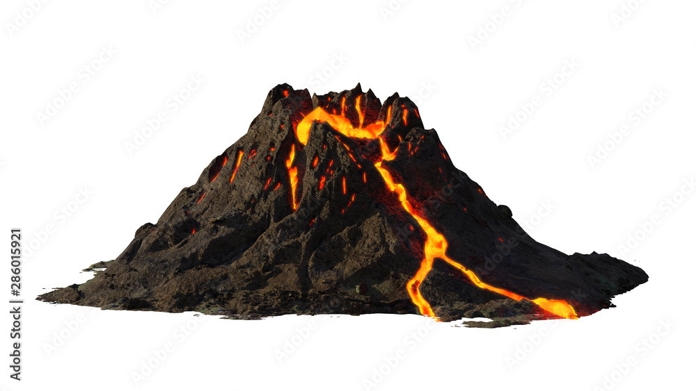 volcano eruption, lava coming down a mountain, isolated on white background - obrazy, fototapety, plakaty 