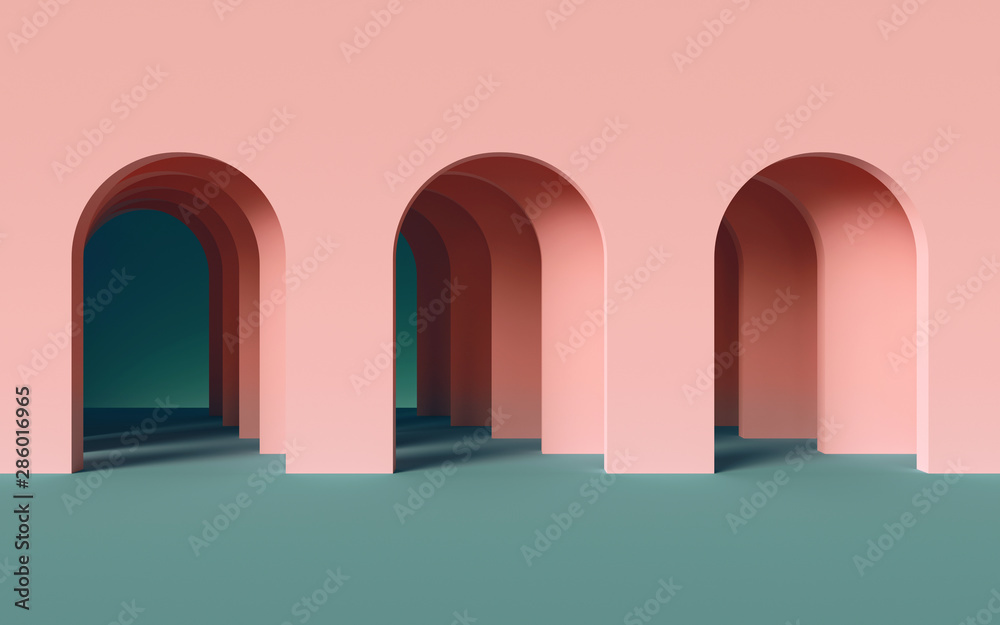 3d render, abstract minimalist geometric background, architectural concept, arch inside pink wall, paper layers - obrazy, fototapety, plakaty 