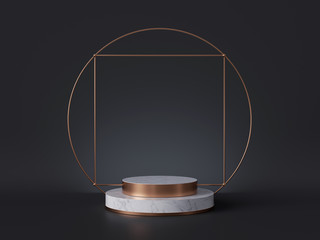 Poster - 3d rendering of white marble pedestal isolated on black background, gold square frame, ring, cylinde