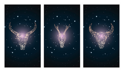 Vector set of three illustrations with silhouettes skulls roe deer, buffalo and bull against the background of the starry sky.