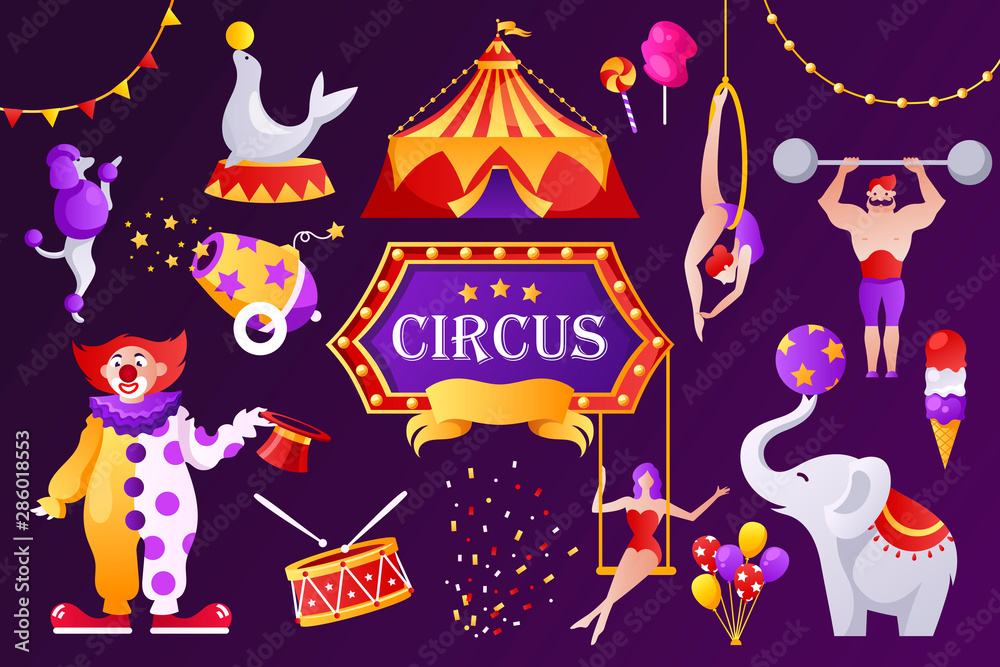 Circus banner template. Set of cartoon vector objects and characters ...