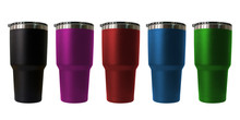 Stainless Steel Travel Tumbler Colour Black, Pink, Blue, Red And Green, Size Portable Isolated On White Background, Clipping Path Included