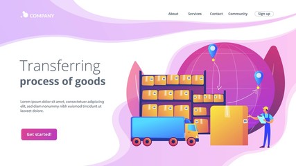 Poster - Order worldwide delivery service. Storehouse products storage. Transit warehouse, bonded warehouse, transferring process of goods concept. Website homepage landing web page template.