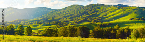 Fotomural Mountain Slopes, Trees and Meadows, Vibrant Summer Sunset with Warm Sun Flare through the Clouds