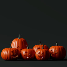 Happy Halloween Pumpkins Jack O Lantern On Black Background. 3d Rendering