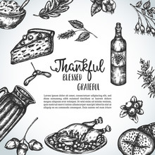 Thanksgiving Day Background Collection Of Hand Drawn Illustration With Autumn Elements, Food Vintage Retro Style Thankful Blessed Grateful