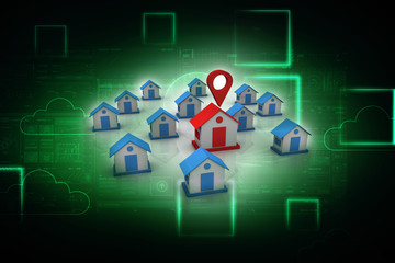 Poster - 3d illustration Search for Property.a Map with Large Red GPS Pointer containing