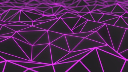 Wall Mural - Dark low poly displaced surface with purple glowing lines