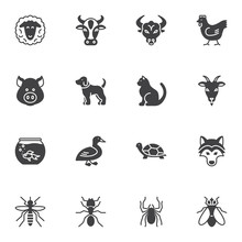 Insects And Animals Vector Icons Set, Modern Solid Symbol Collection, Filled Style Pictogram Pack. Signs, Logo Illustration. Set Includes Icons As Spider, Turtle, Goat, Bull, Sheep, Pig, Cow, Dog, Cat