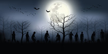 Crowd Of Hungry Zombies In The Woods. Silhouettes Of Scary Zombies Walking In The Forest At Night. Spooky Forest With Full Moon And Grave.