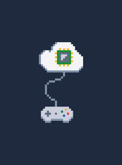 Leinwandbilder - white pixel art 8 bit gamepad for game console connected to cloud with processor - Isolated vector icon of wired controller