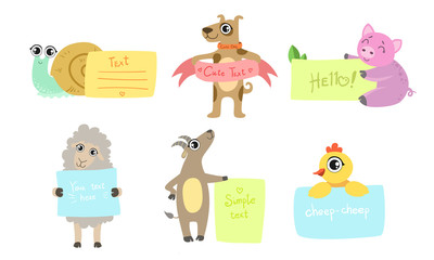 Sticker - Cute Animals Holding Banners Set, Adorable Happy Cartoon Characters Standing with Blank Sheets of Paper, Snail, Dog, Pig, Sheep, Goat, Chicken Vector Illustration