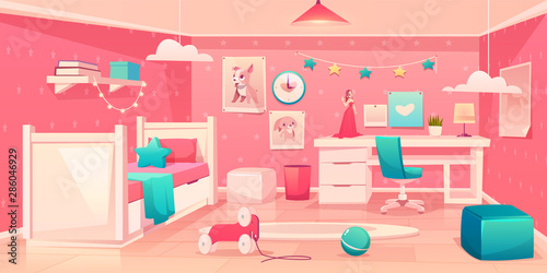 Little Girl Bedroom Cozy Interior In Pink Turquoise Colors With