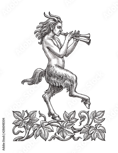 Fotomural Hand drawn illustration in the engraving style, mythological Faun playing the flute