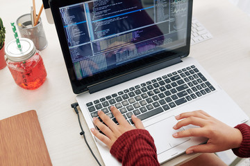 Wall Mural - Hands of girl programming or testing new software on her laptop, view from above