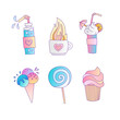 Cute cartoon little princess icon set - sweets sweet ice cream, cake, cocktails, donut and lollipop. Cute girly sweets - icon illustration in one collection