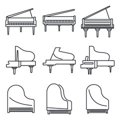 Poster - Classic grand piano icons set. Outline set of classic grand piano vector icons for web design isolated on white background